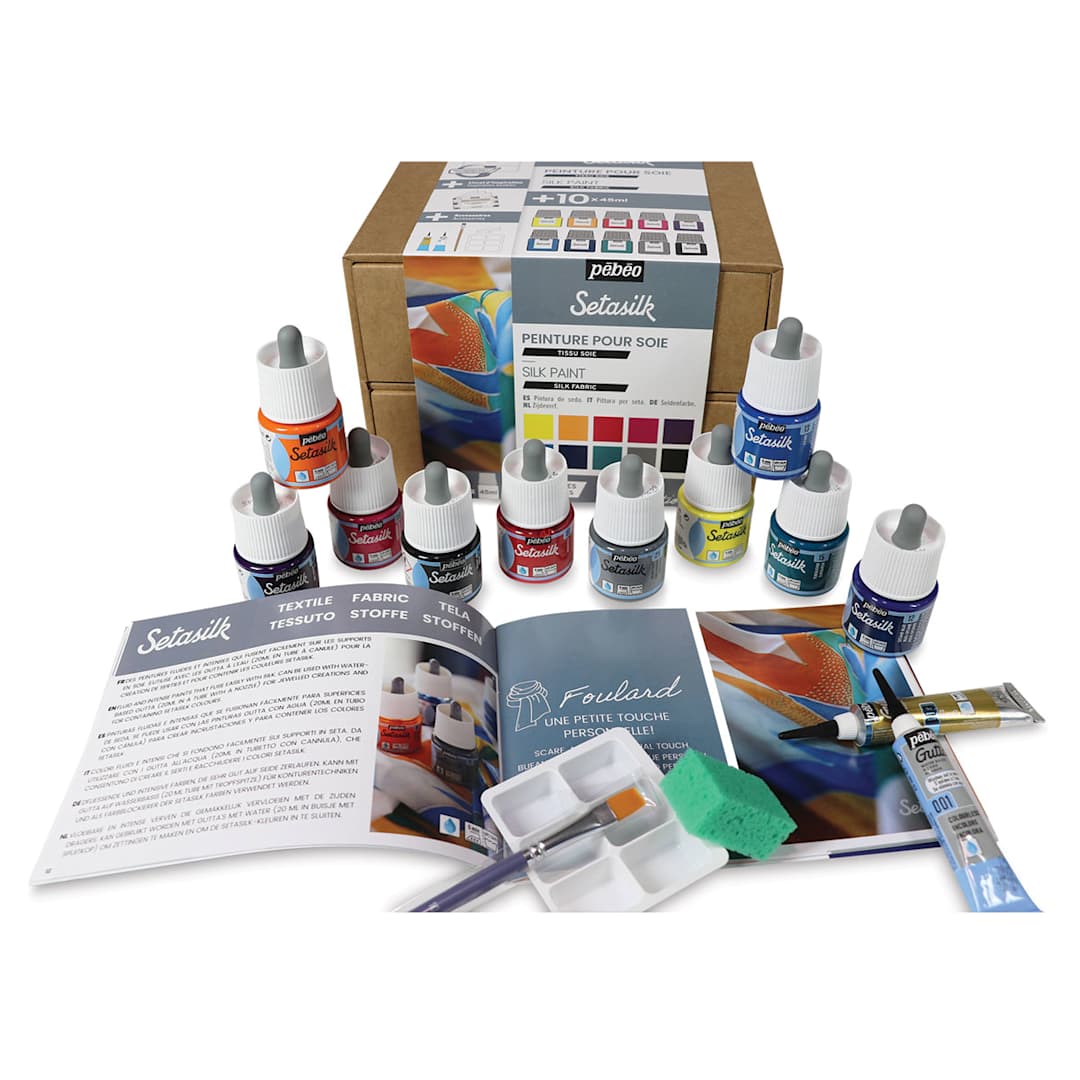 Open in modal - Pebeo Setasilk Silk Fabric Paint Set - Collection Case, Set of 10, Assorted Colors, 45 ml, Bottle (Set contents)
