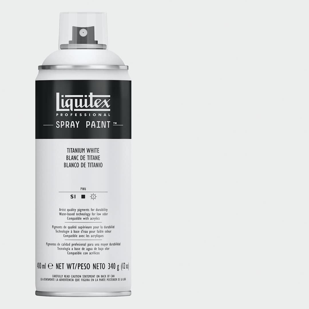 Open in modal - Liquitex Professional Spray Paint - Titanium White, 400 ml can and swatch