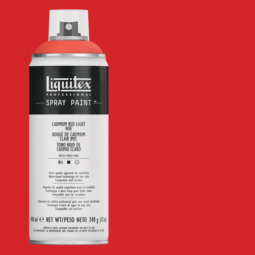 Open in modal - Liquitex Professional Spray Paint - Cadmium Red Light Hue, 400 ml can and swatch