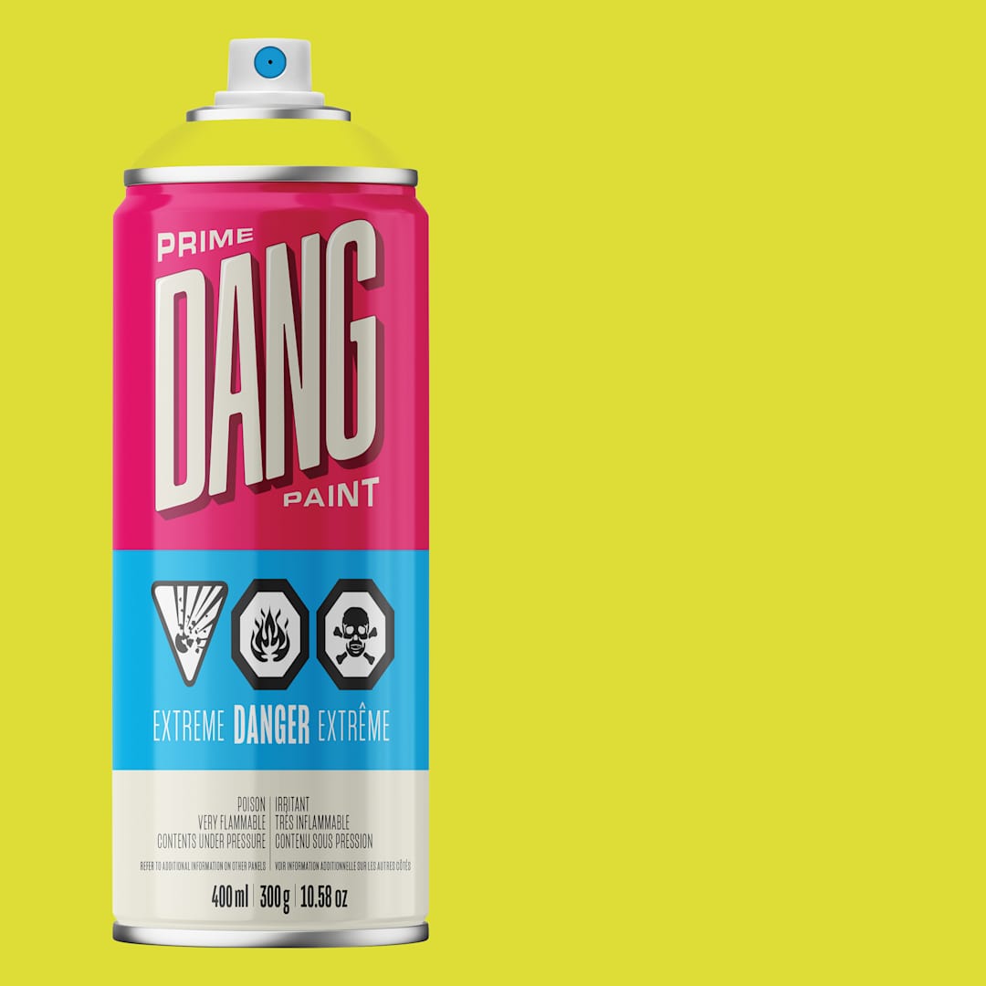 Open in modal - Dang Prime Spray Paint - Acid Yellow, 400 ml can and swatch