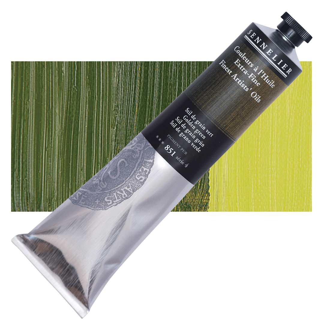Open in modal - Sennelier Artists' Extra Fine Oil Paint - Golden Green, 200 ml tube and swatch