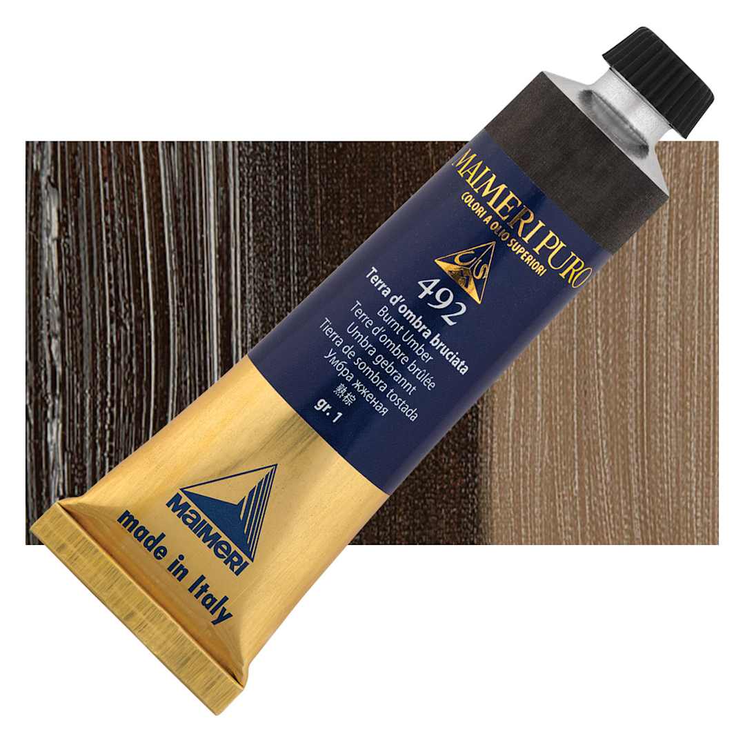 Open in modal - Maimeri Puro Oil Color - Burnt Umber, 40 ml tube and swatch