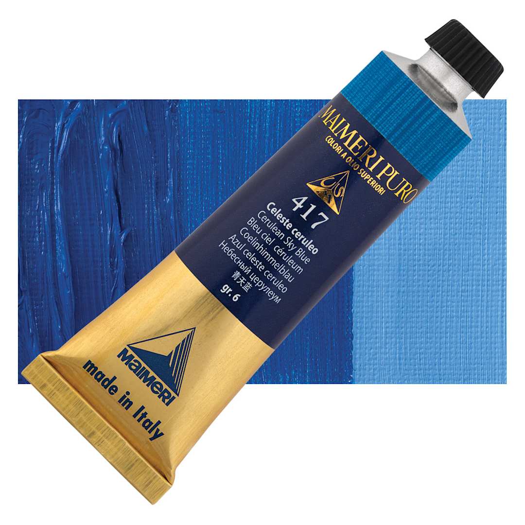 Open in modal - Maimeri Puro Oil Color - Cerulean Sky Blue, 40 ml Tube and swatch