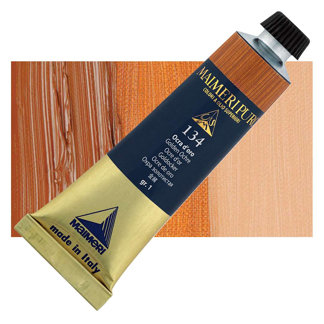 Open in modal - Maimeri Puro Oil Color - Golden Ochre, 40 ml tube and swatch
