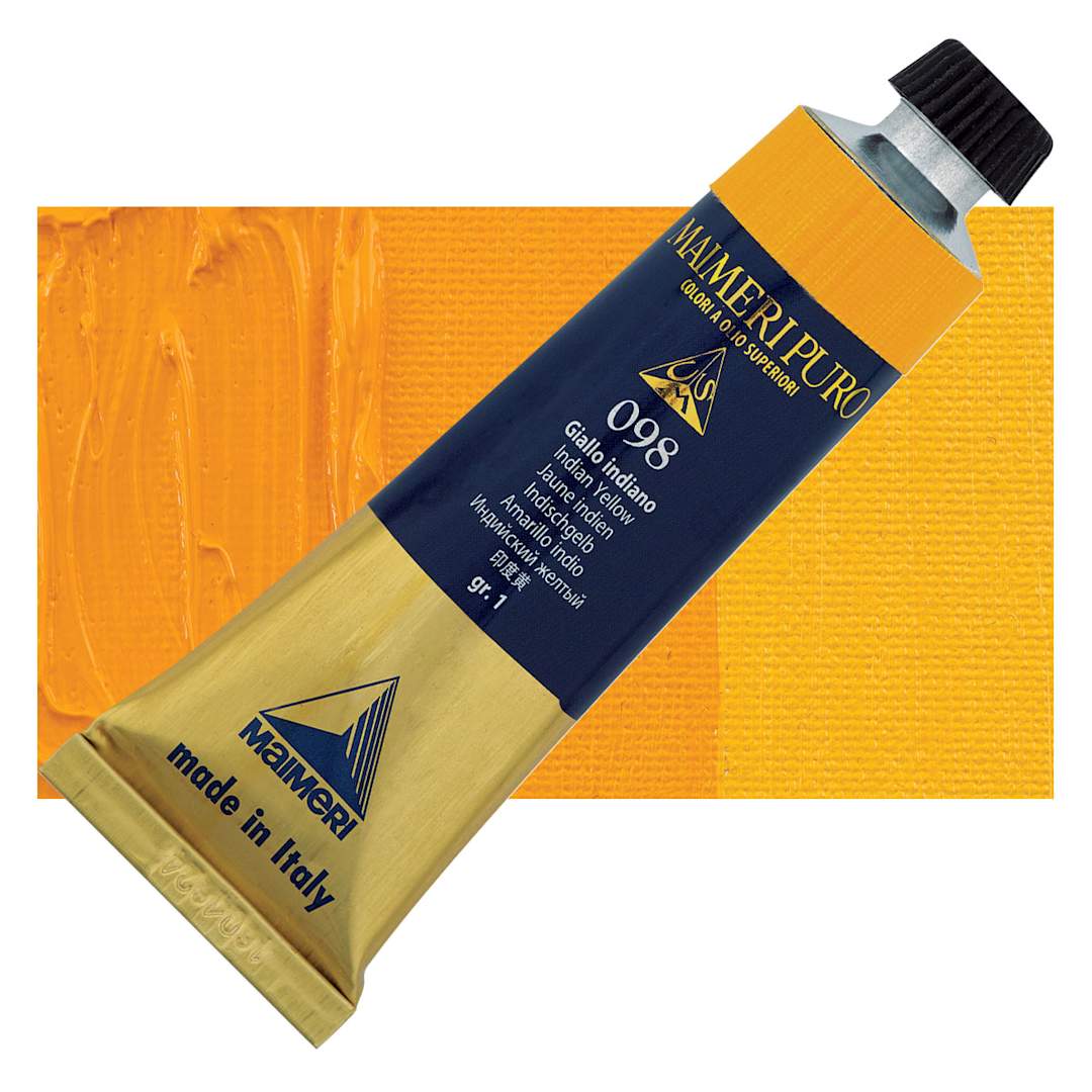 Open in modal - Maimeri Puro Oil Color - Indian Yellow, 40 ml Tube and swatch