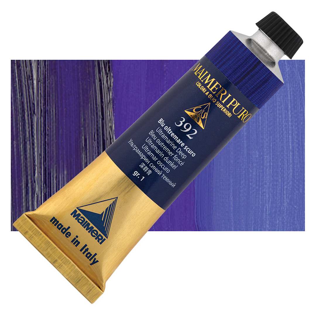 Open in modal - Maimeri Puro Oil Color - Ultramarine Deep, 40 ml tube and swatch