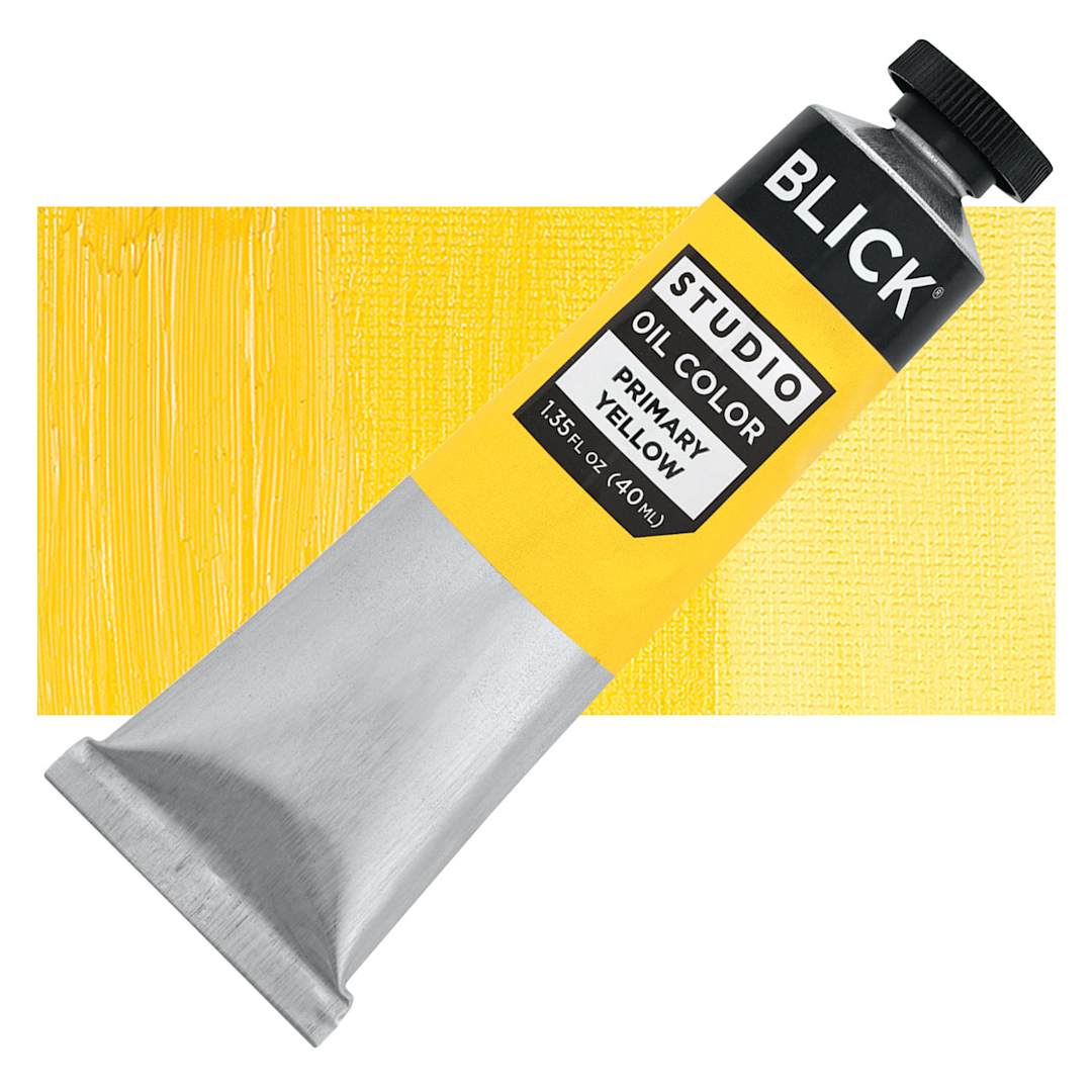 Open in modal - Blick Studio Oil Paint - Primary Yellow, 40 ml tube and swatch