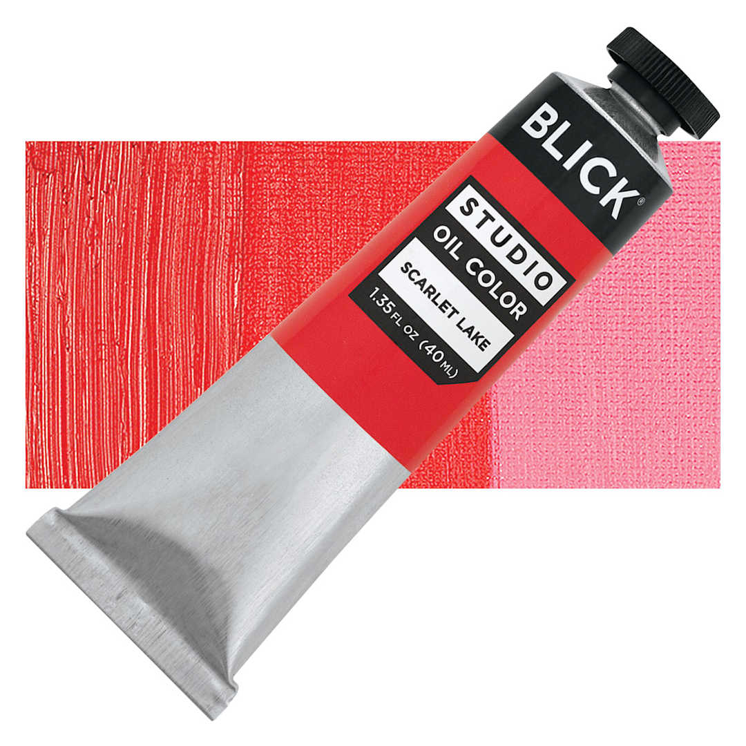 Open in modal - Blick Studio Oil Paint – Scarlet Lake, 40 ml tube and swatch