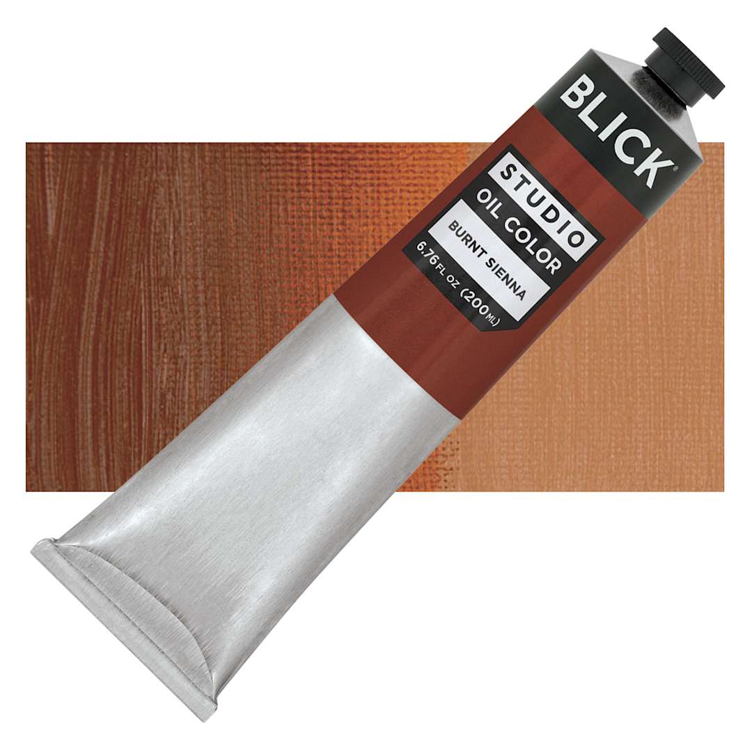 Open in modal - Blick Studio Oil Paint - Burnt Sienna, 200 ml tube and swatch