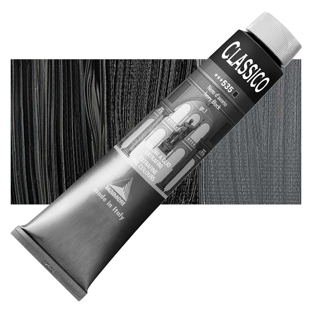 Open in modal - Maimeri Classico Oil Color - Ivory Black, 200 ml tube and swatch