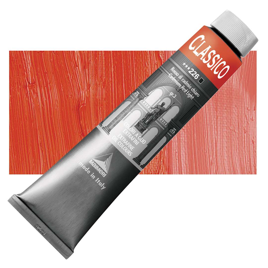 Open in modal - Maimeri Classico Oil Color - Cadmium Red Light, 200 ml tube and swatch