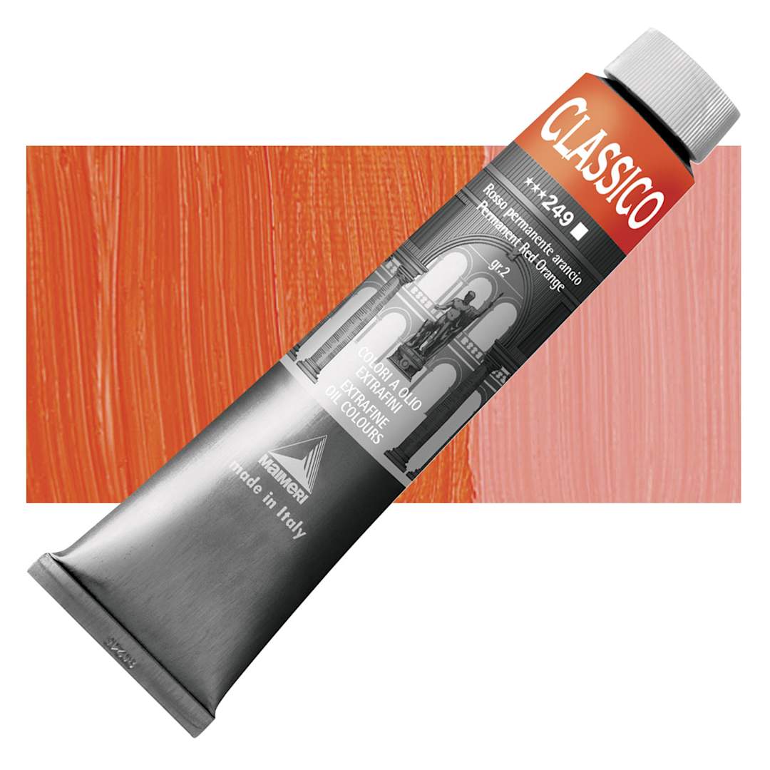 Open in modal - Maimeri Classico Oil Color - Permanent Red Orange, 200 ml tube and swatch