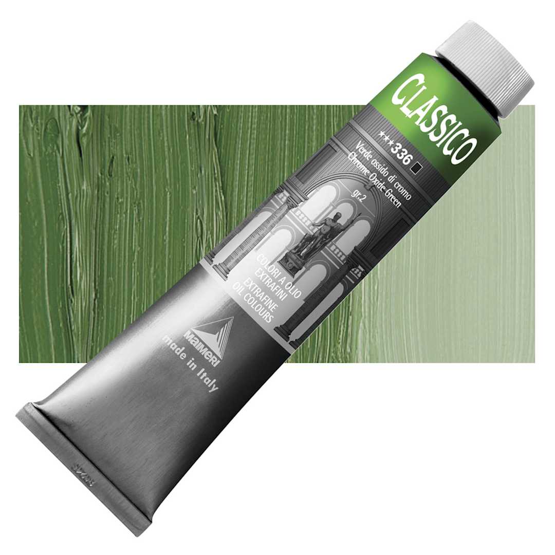 Open in modal - Maimeri Classico Oil Color - Chrome Oxide Green, 200 ml tube and swatch