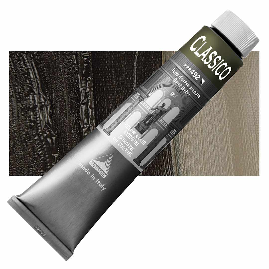 Open in modal - Maimeri Classico Oil Color - Burnt Umber, 200 ml tube and swatch