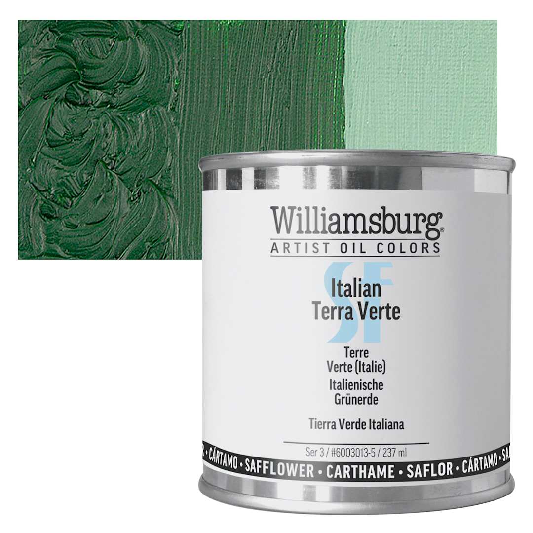 Open in modal - Williamsburg Handmade Safflower Oil Color - Italian Terra Verte, 8 oz can and swatch