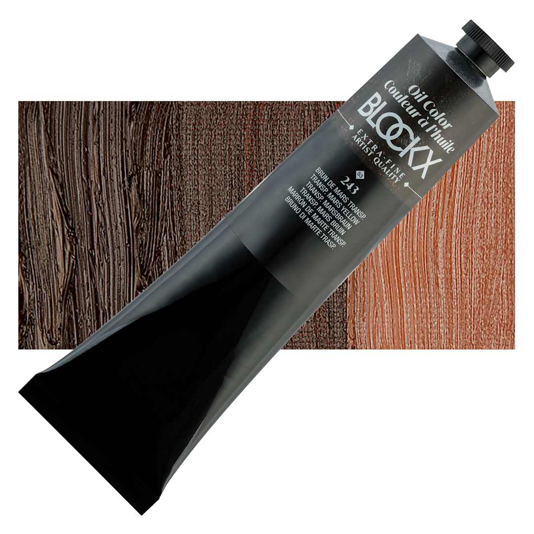 Open in modal - Blockx Artist Oil Color - Transparent Mars Brown, 200 ml tube and swatch