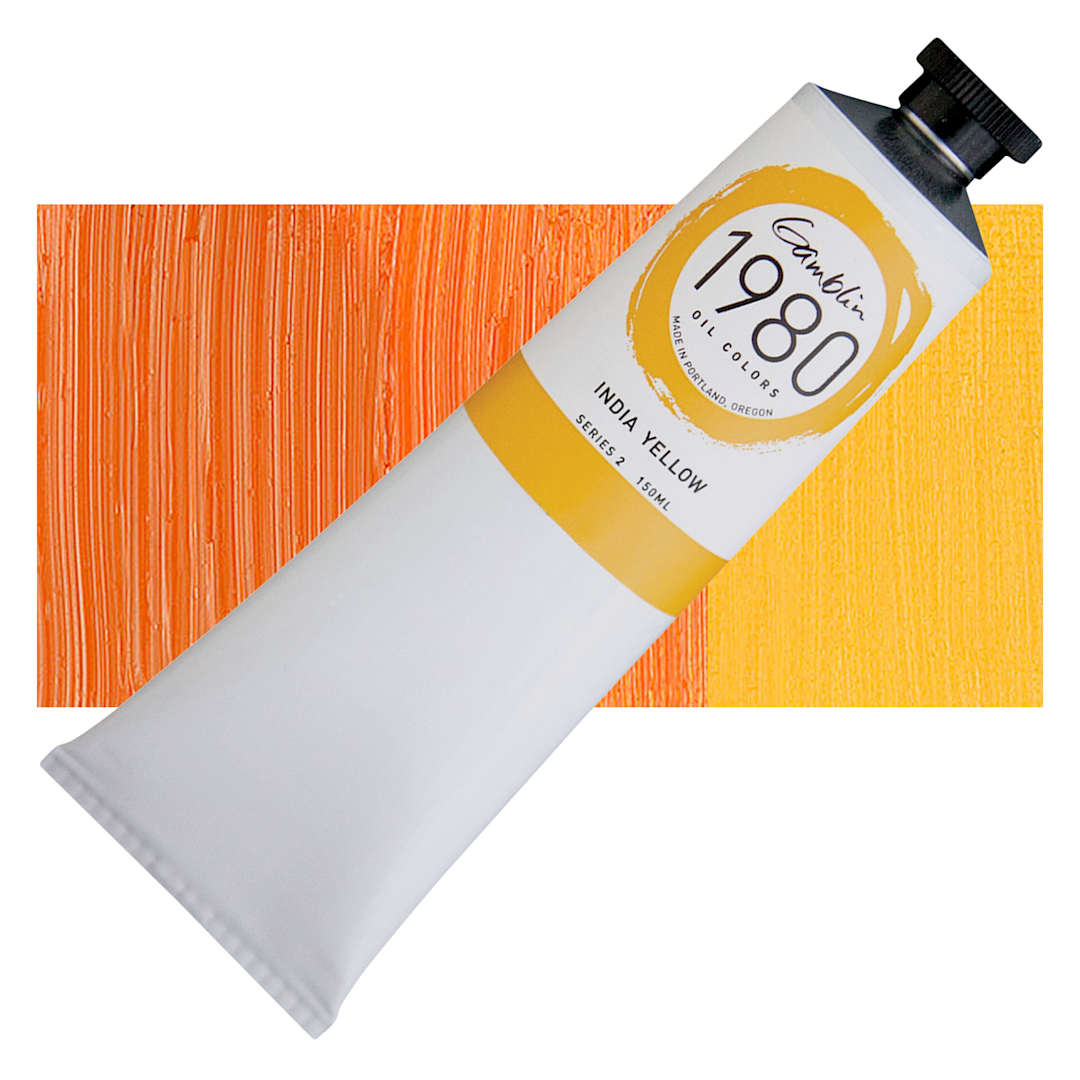 Open in modal - Gamblin 1980 Oil Paint - India Yellow, 150 ml tube and swatch