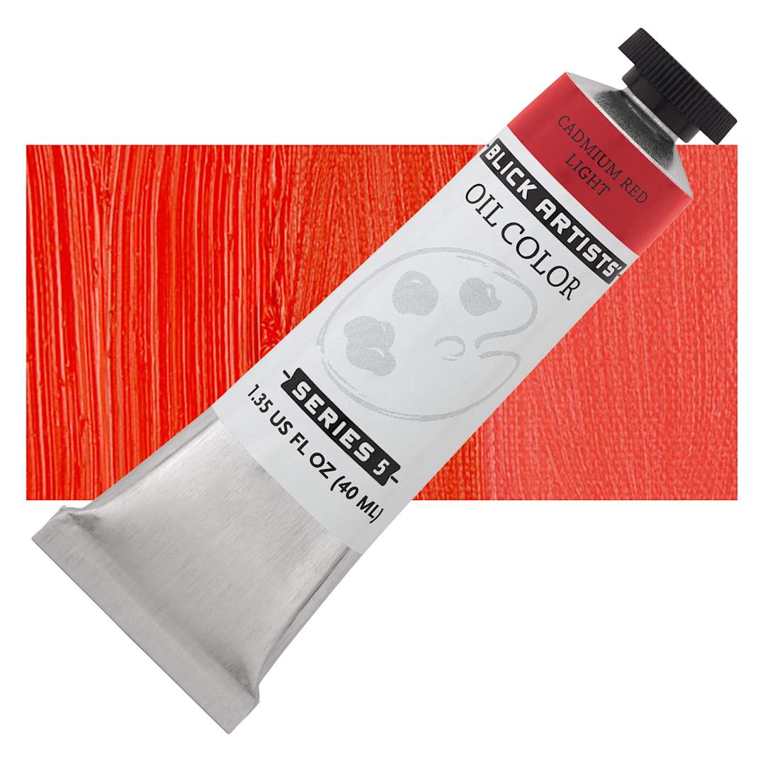 Open in modal - Blick Artists' Oil Paint - Cadmium Red Light, 40 ml tube and swatch
