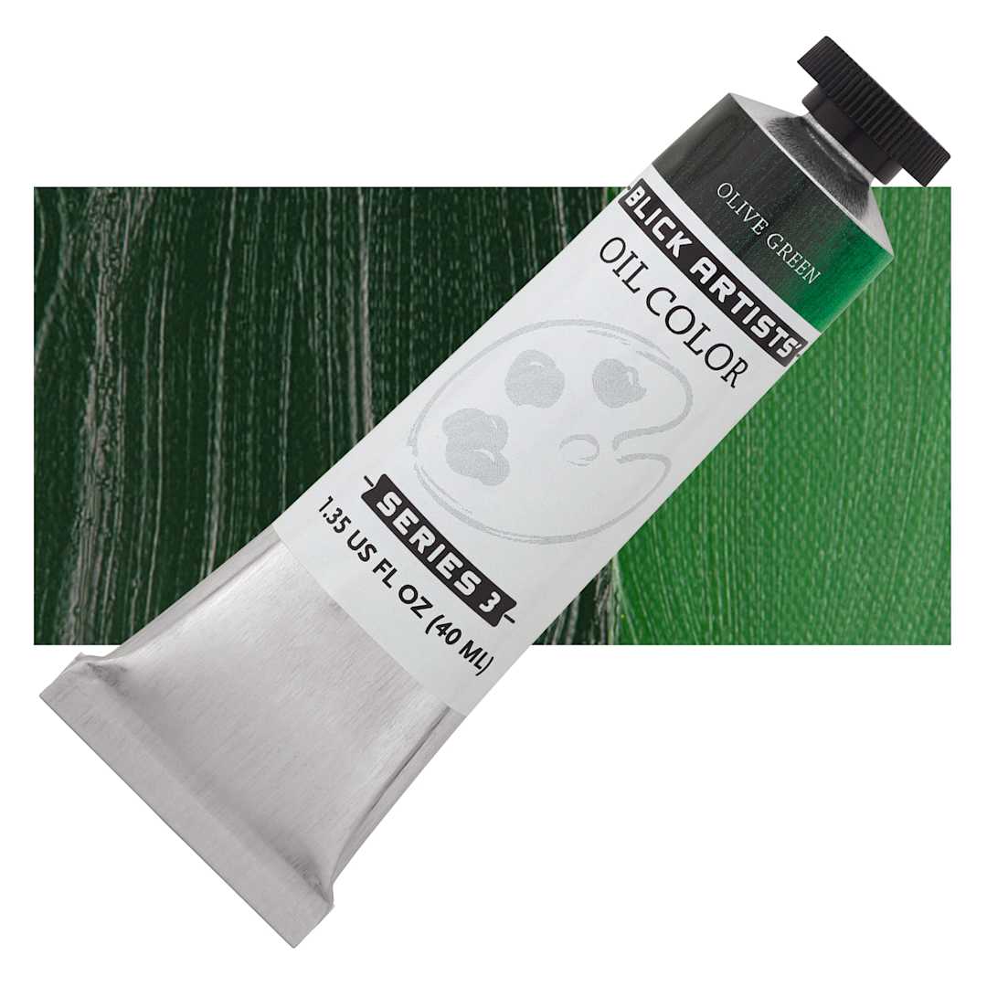 Open in modal - Blick Artists' Oil Paint - Olive Green, 40 ml tube and swatch