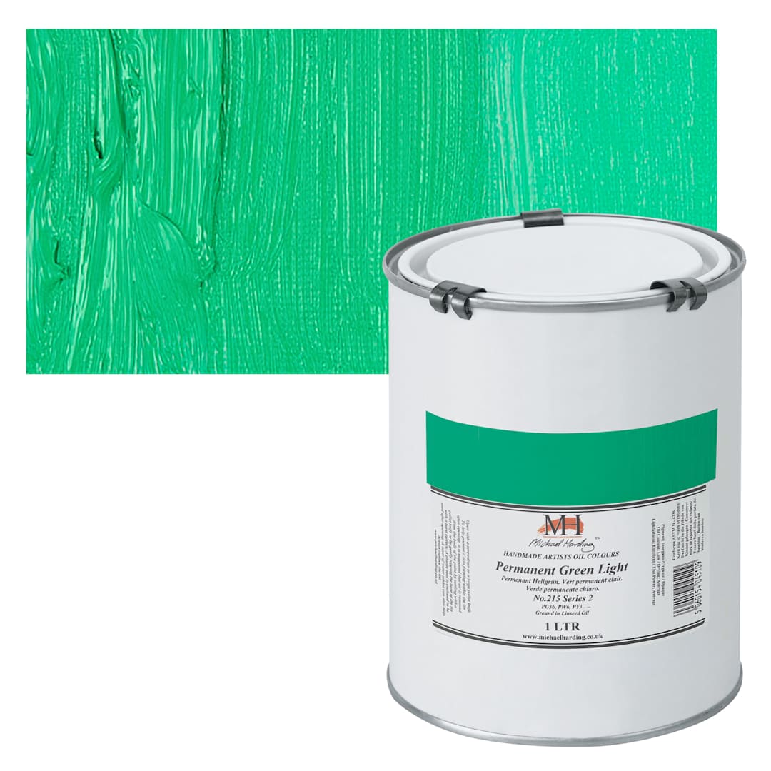 Open in modal - Michael Harding Artists Oil Paint - Permanent Green Light, 1 Liter and swatch