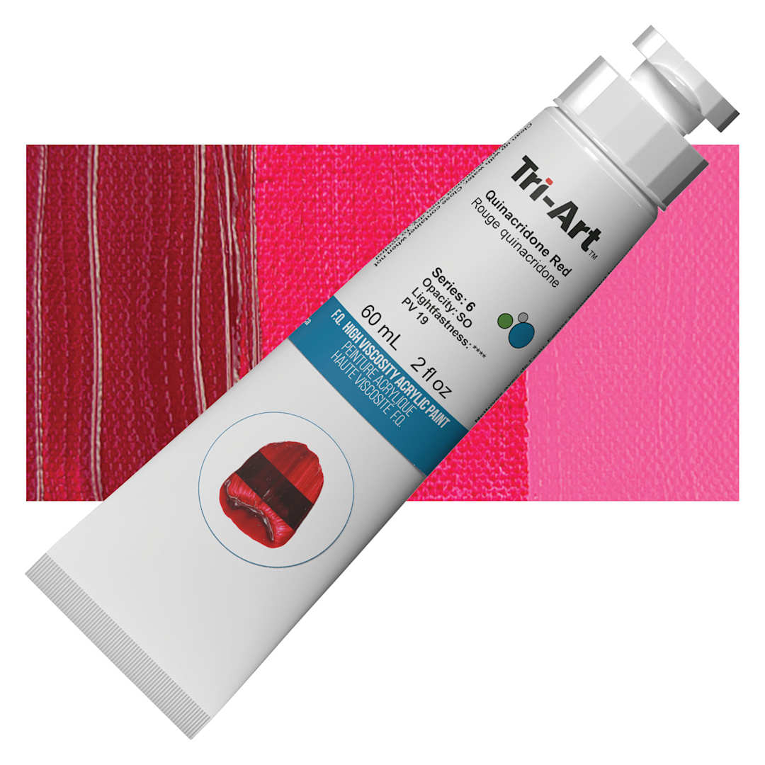 Open in modal - Tri-Art High Viscosity Artist Acrylic - Quinacridone Red, 60 ml tube and swatch