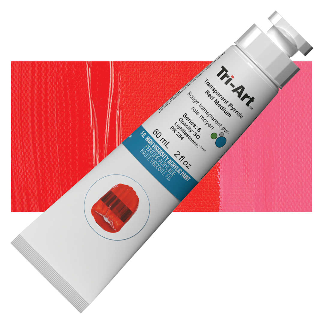 Open in modal - Tri-Art High Viscosity Artist Acrylic - Transparent Pyrrole Red Medium, 60 ml tube and swatch