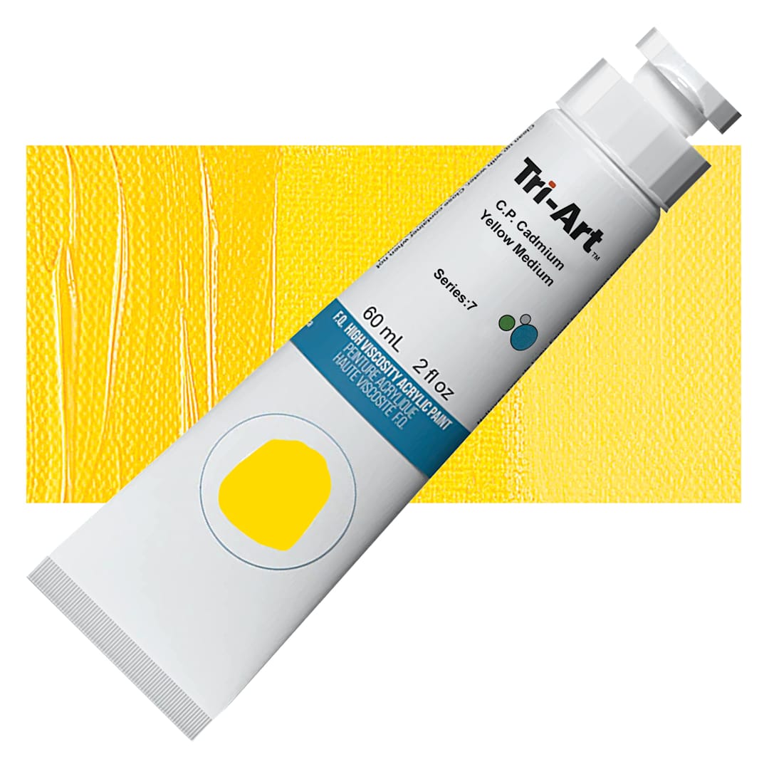 Open in modal - Tri-Art High Viscosity Artist Acrylic - C.P. Cadmium Yellow Medium, 60 ml tube and swatch