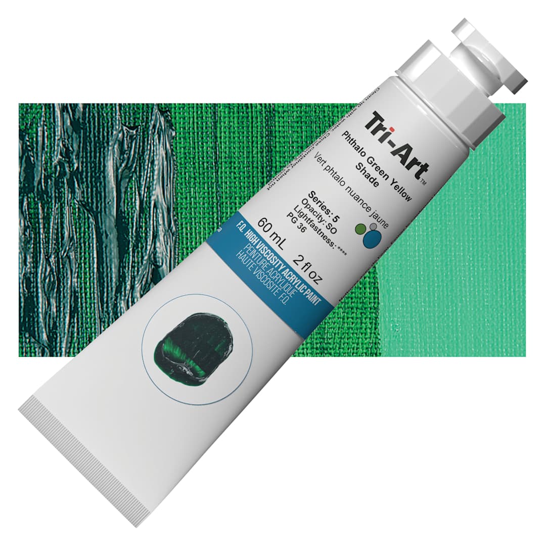 Open in modal - Tri-Art High Viscosity Artist Acrylic - Phthalo Green Yellow Shade, 60 ml tube and swatch