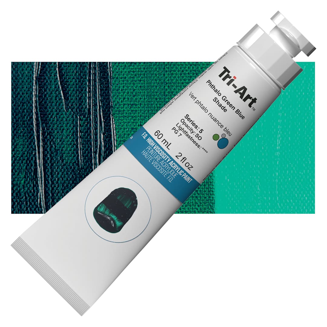 Open in modal - Tri-Art High Viscosity Artist Acrylic - Phthalo Green Blue Shade, 60 ml tube and swatch