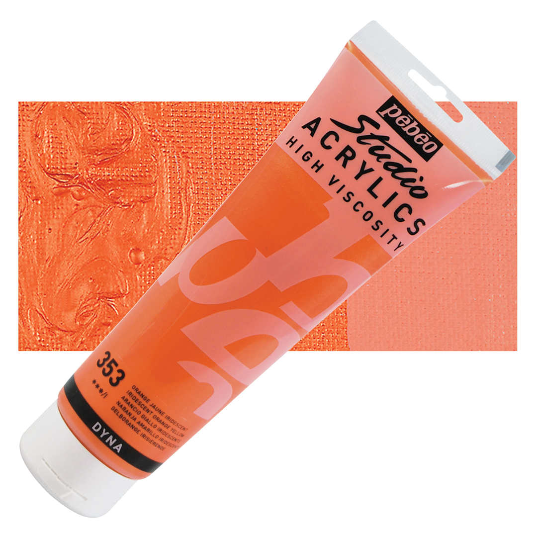 Open in modal - Pebeo High Viscosity Acrylic - Iridescent Orange/Yellow, 250 ml, Tube and swatch