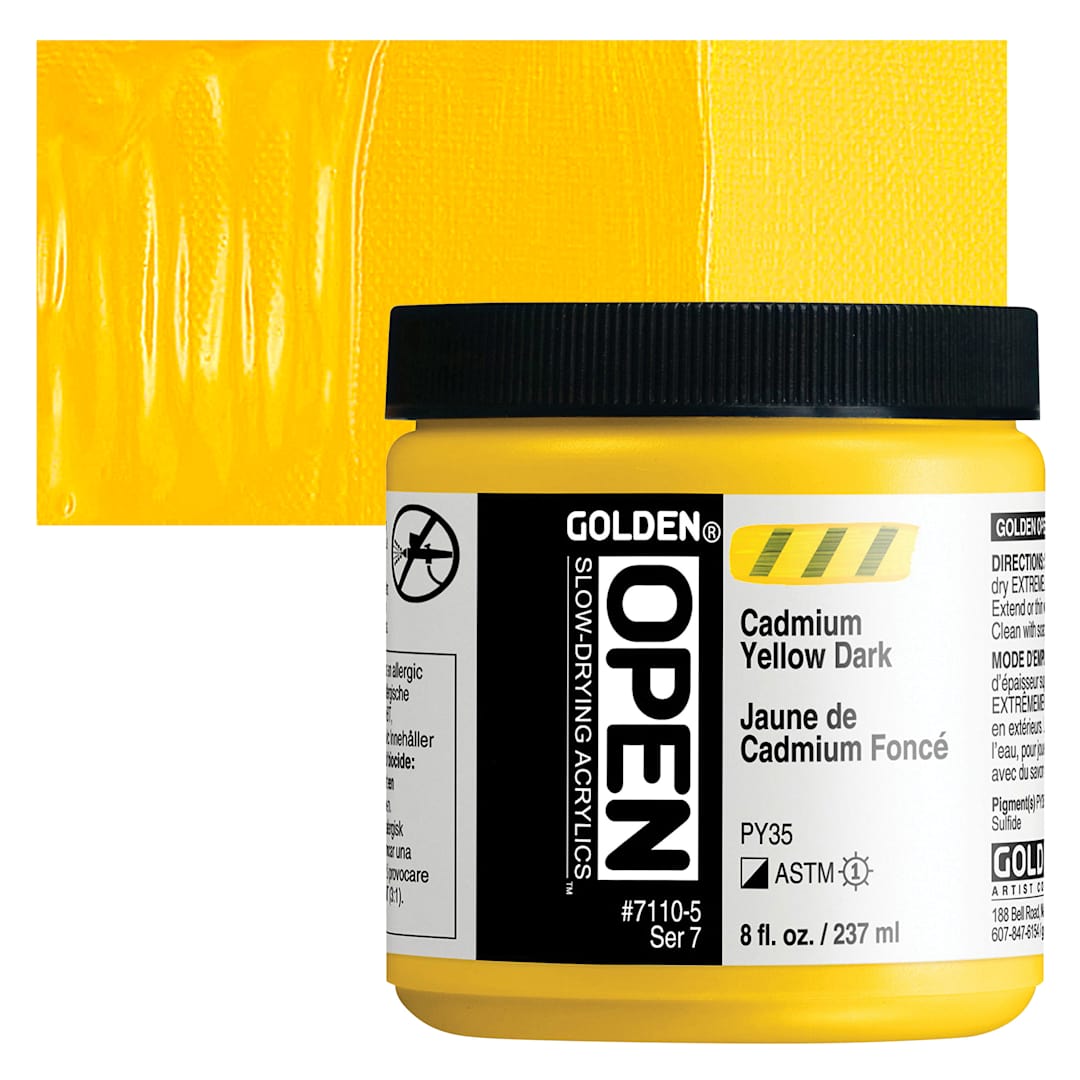 Open in modal - Golden Open Acrylic - Cadmium Yellow Dark, 8 oz Jar and swatch