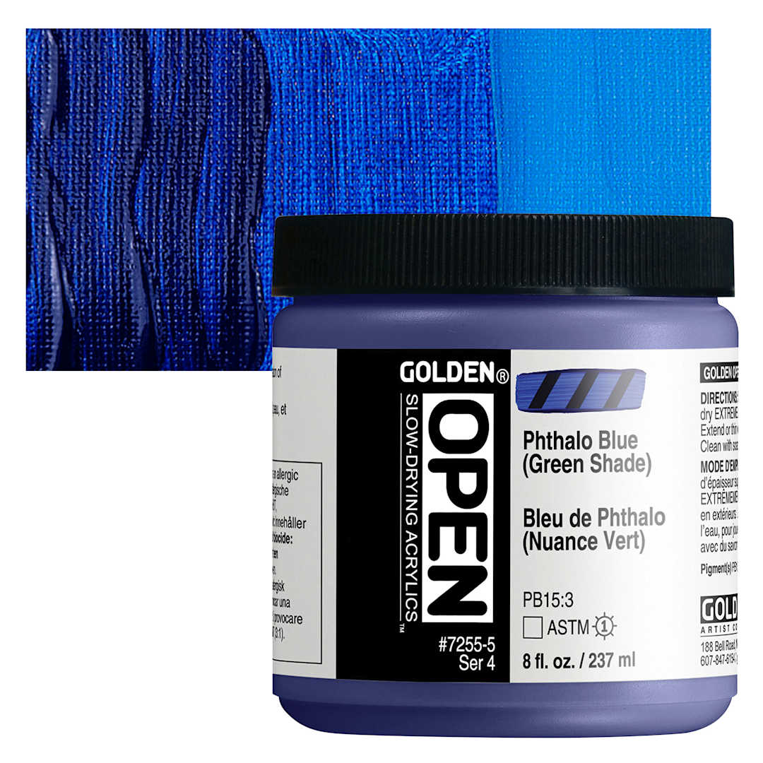 Open in modal - Golden Open Acrylic - Phthalo Blue (Green Shade), 8 oz Jar and swatch