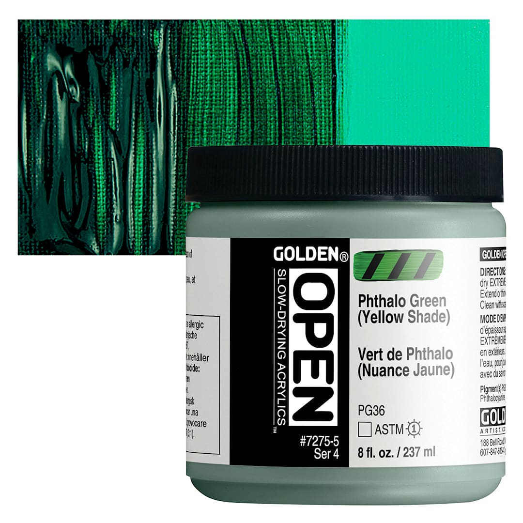 Open in modal - Golden Open Acrylic - Phthalo Green (Yellow Shade), 8 oz Jar and swatch