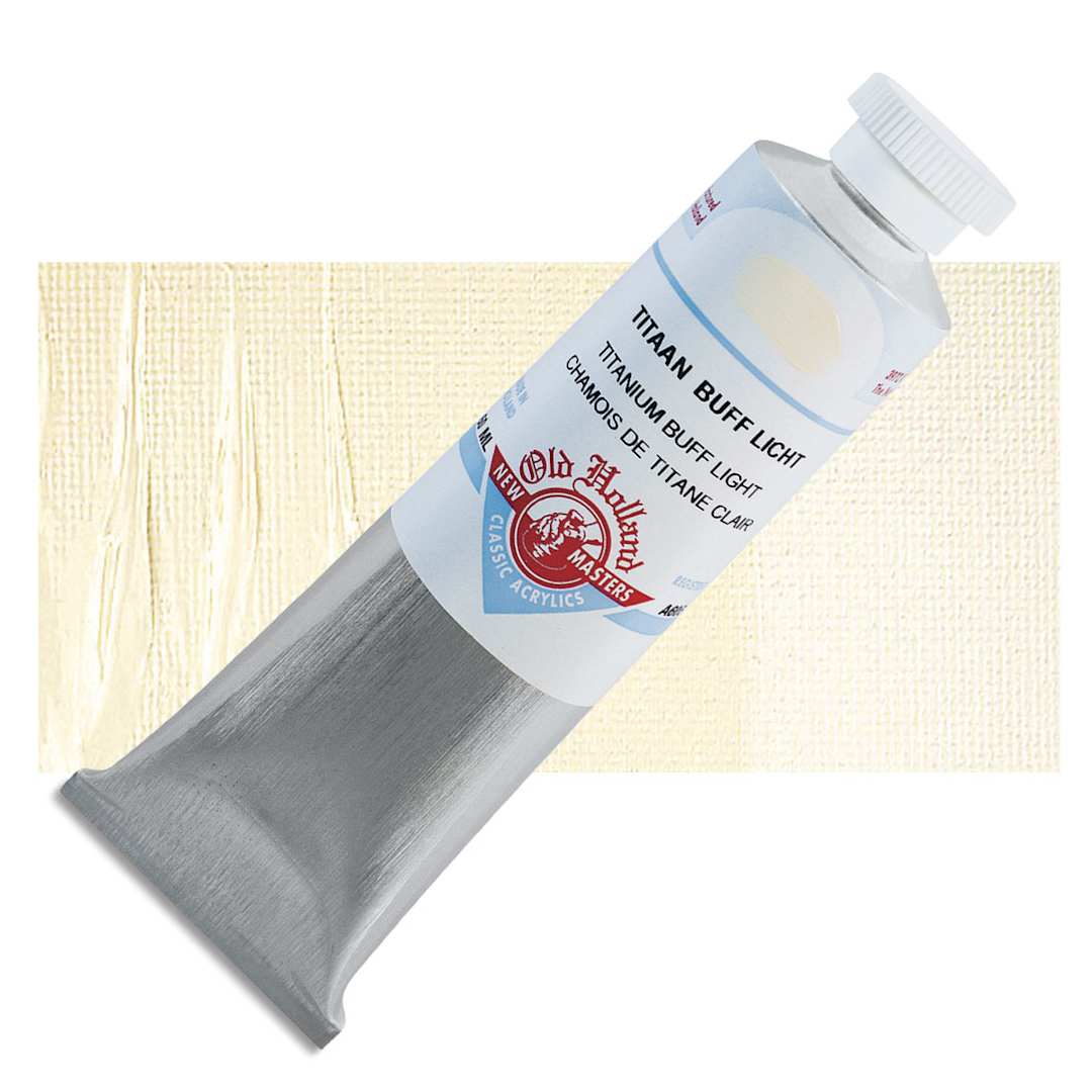 Open in modal - Old Holland New Masters Classic Acrylic Paint - Titanium Buff Light, 60 ml tube and swatch