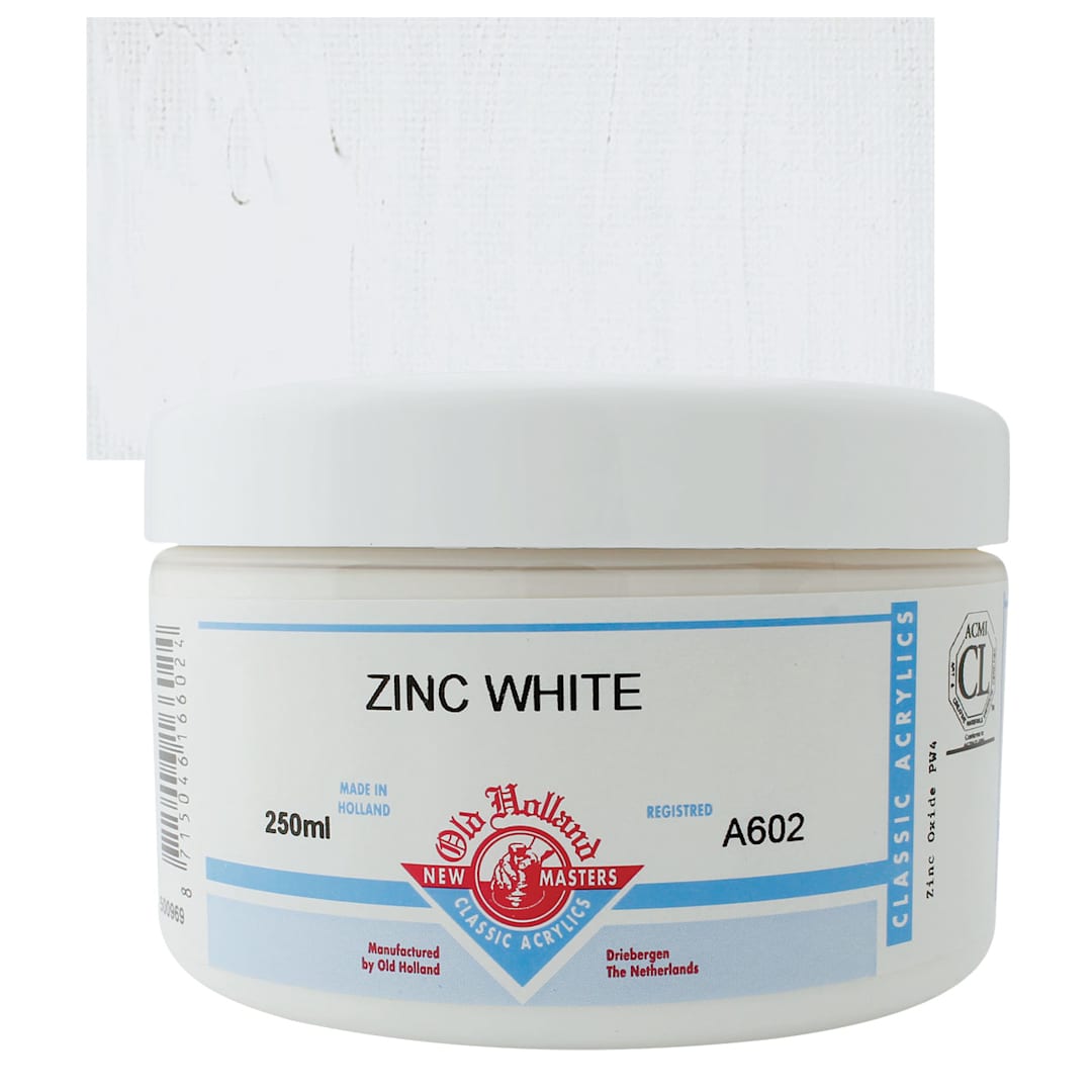 Open in modal - Old Holland New Masters Classic Acrylic Paint - Zinc White, 250 ml jar and swatch