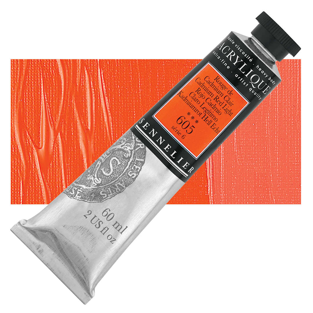 Open in modal - Sennelier Extra-Fine Artist Acrylique - Cadmium Red Light, 60 ml tube and swatch