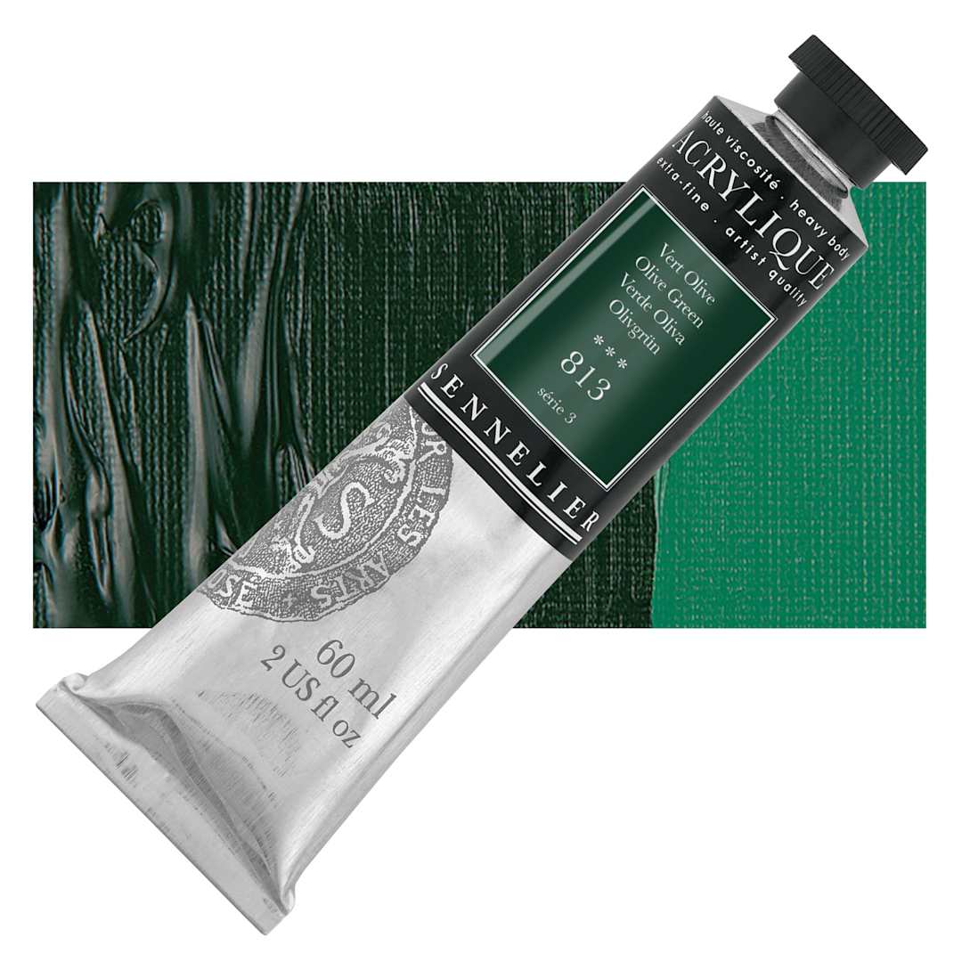 Open in modal - Sennelier Extra-Fine Artist Acrylique - Olive Green, 60 ml tube and swatch