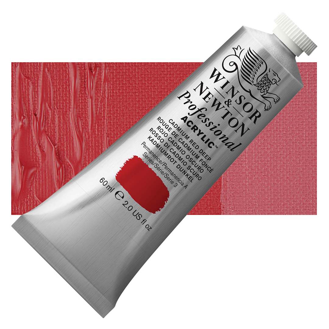 Open in modal - Winsor & Newton Professional Acrylic Paint - Cadmium Red Deep, 60 ml tube and swatch