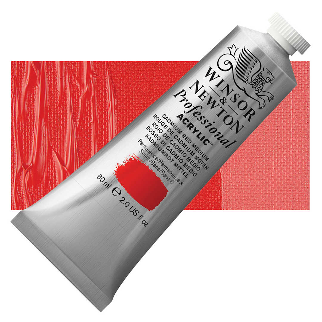 Open in modal - Winsor & Newton Professional Acrylic Paint - Cadmium Red Medium, 60 ml tube and swatch