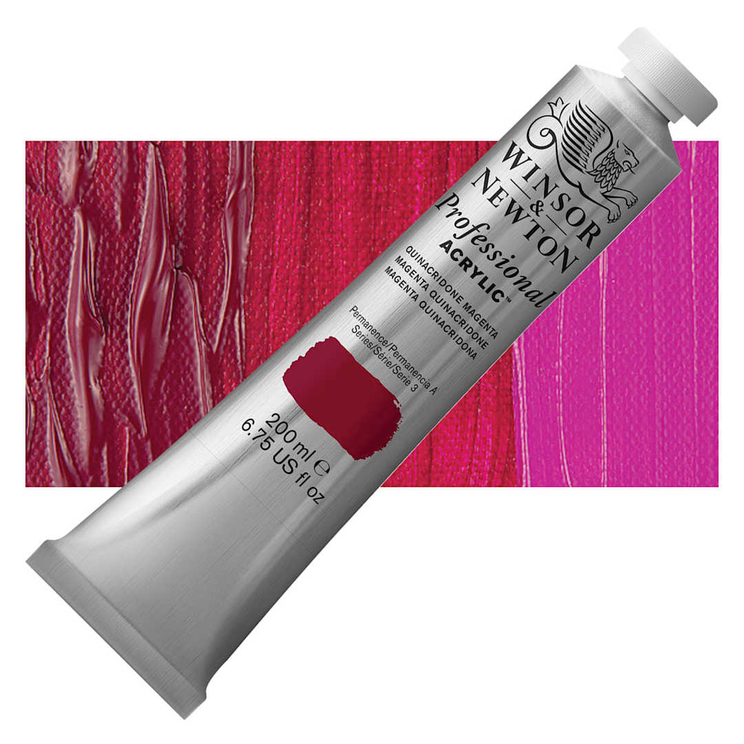 Open in modal - Winsor & Newton Professional Acrylic Paint - Quinacridone Magenta, 200 ml tube and swatch
