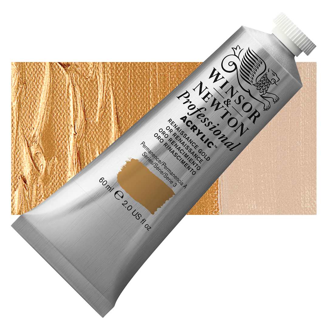 Open in modal - Winsor & Newton Professional Acrylic Paint - Renaissance Gold, 60 ml tube and swatch