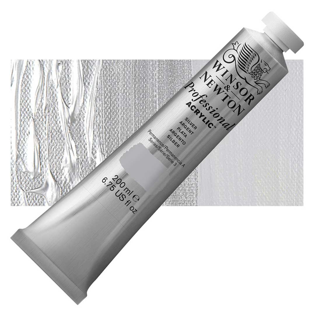 Open in modal - Winsor & Newton Professional Acrylic Paint - Silver, 200 ml tube and swatch