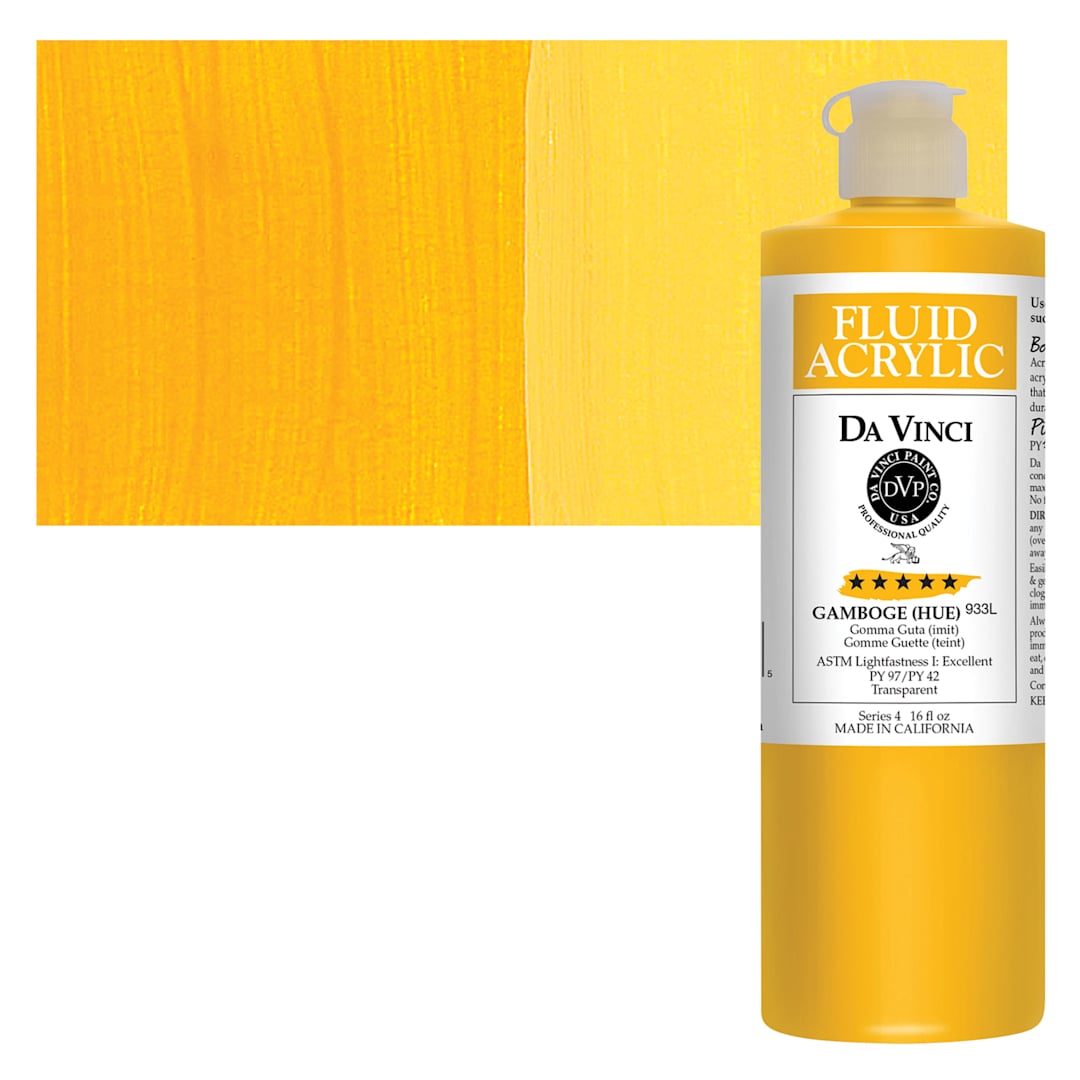 Open in modal - Da Vinci Fluid Acrylic Paint - Gamboge Hue, 16 oz bottle and swatch