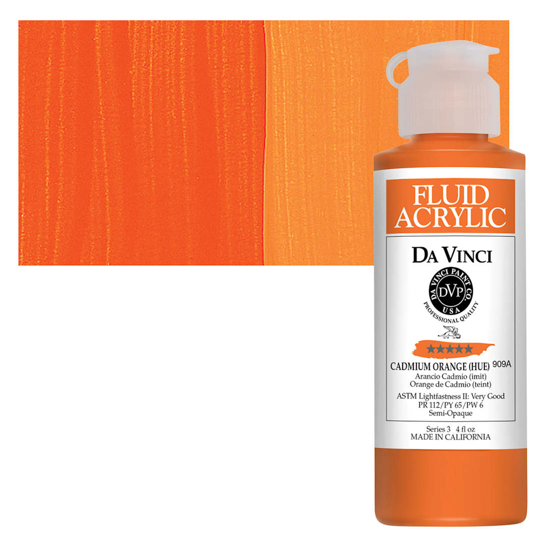 Open in modal - Da Vinci Fluid Acrylic Paint - Cadmium Orange Hue, 4 oz bottle and swatch