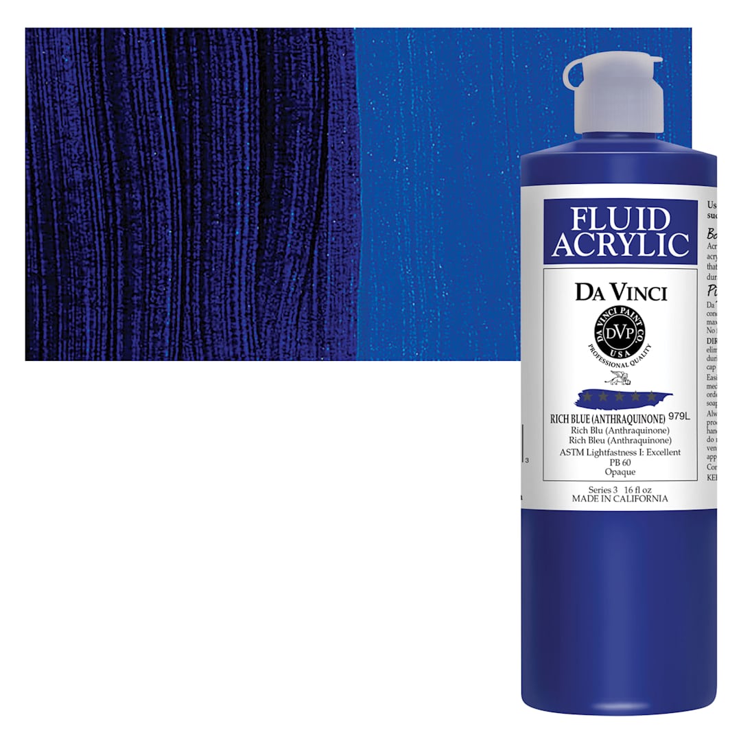 Open in modal - Da Vinci Fluid Acrylic Paint - Rich Blue, 16 oz bottle and swatch