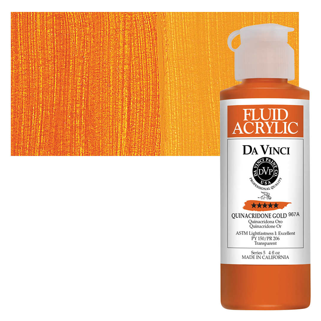 Open in modal - Da Vinci Fluid Acrylic Paint - Quinacridone Gold, 4 oz bottle and swatch