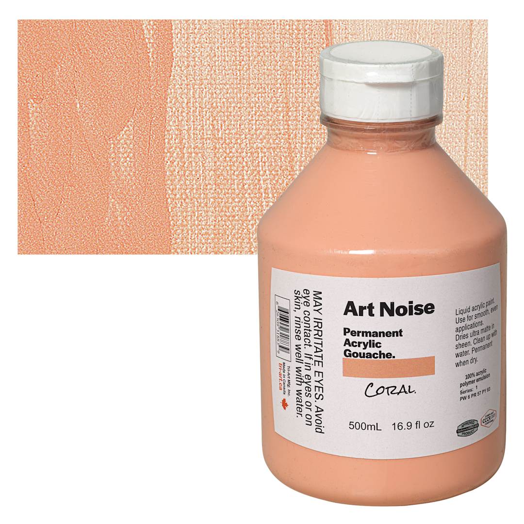 Open in modal - Tri-Art Art Noise Permanent Acrylic Gouache - Coral, 500 ml, Bottle and swatch