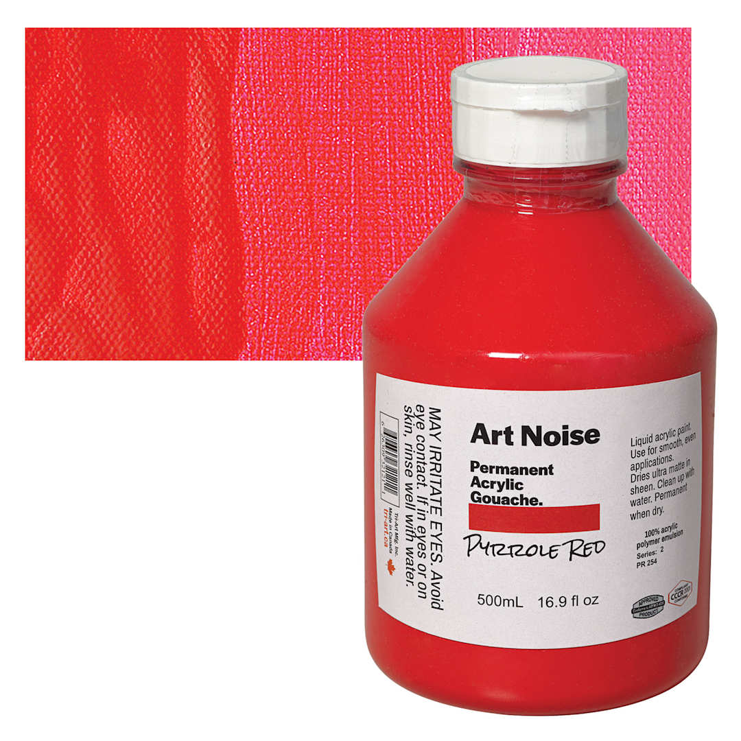 Open in modal - Tri-Art Art Noise Permanent Acrylic Gouache - Pyrrole Red, 500 ml, Bottle and swatch