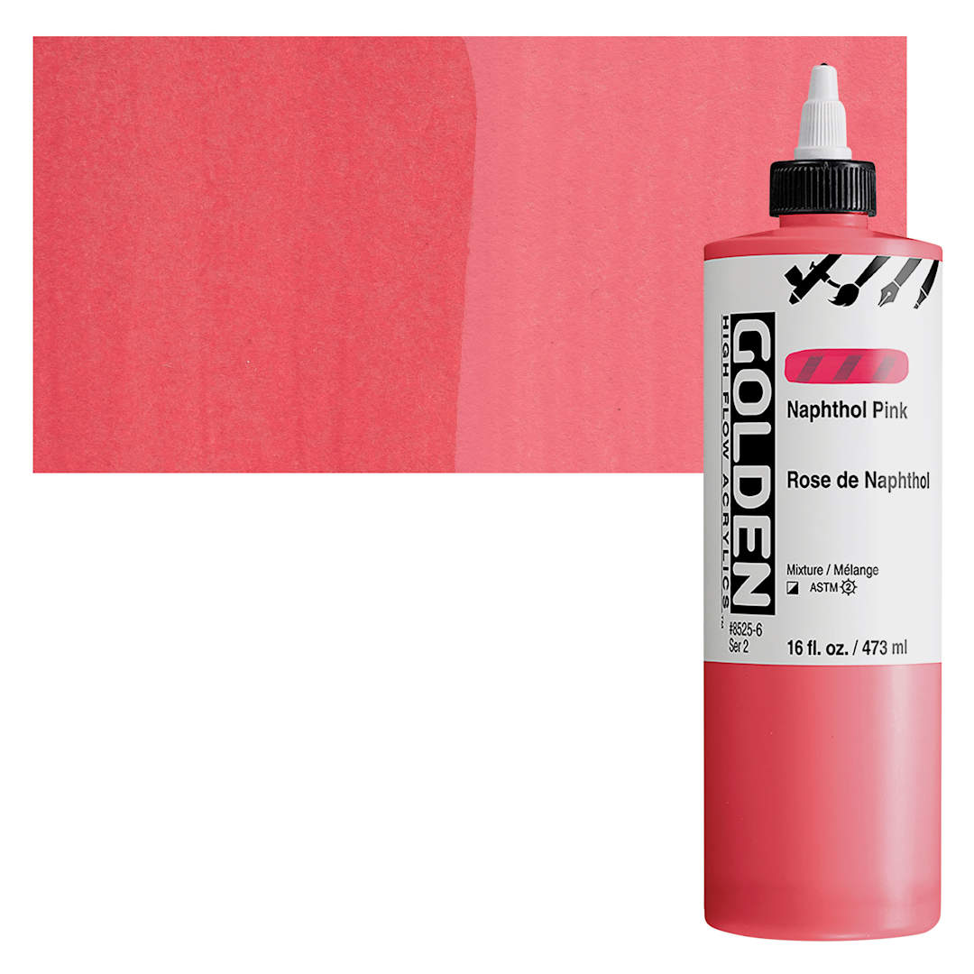 Open in modal - Golden High Flow Acrylic Paint - Naphthol Pink, 16 oz bottle and swatch