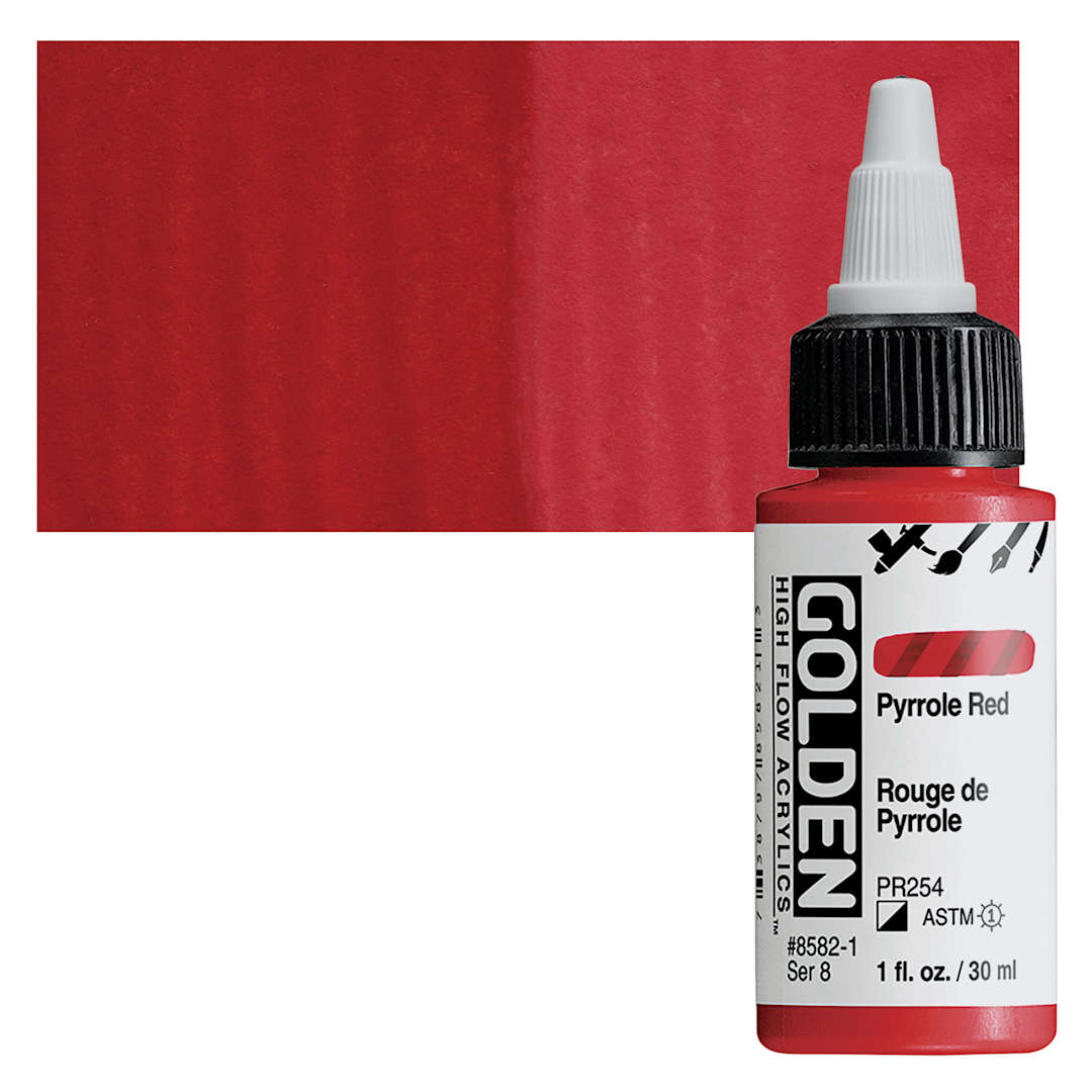 Open in modal - Golden High Flow Acrylic Paint - Pyrrole Red, 1 oz bottle and swatch